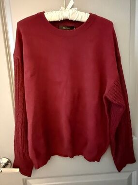 Zesica Berry Red Crewneck Sweater with Textured Sleeves